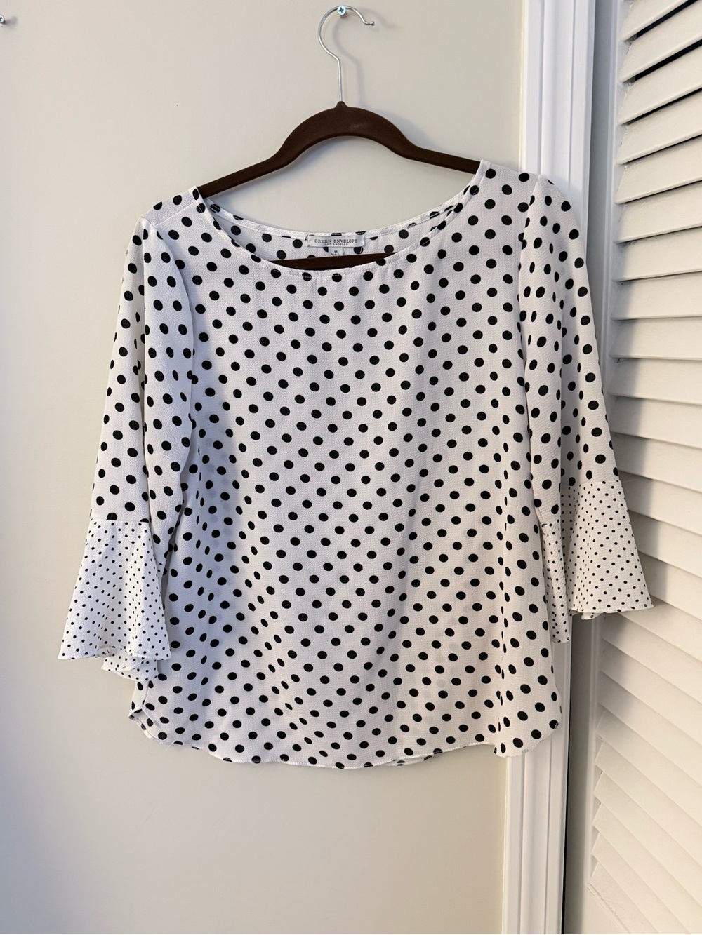 Green Envelope White Blouse with Black Polka Dots and Bell Sleeves